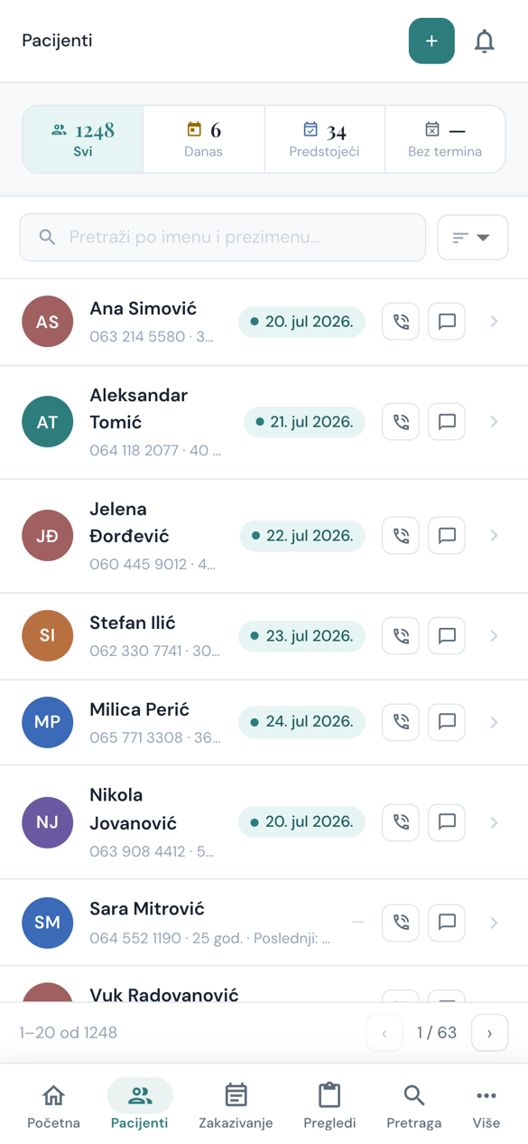 Lista pacijenata na telefonu sa pretragom i sledećim terminima