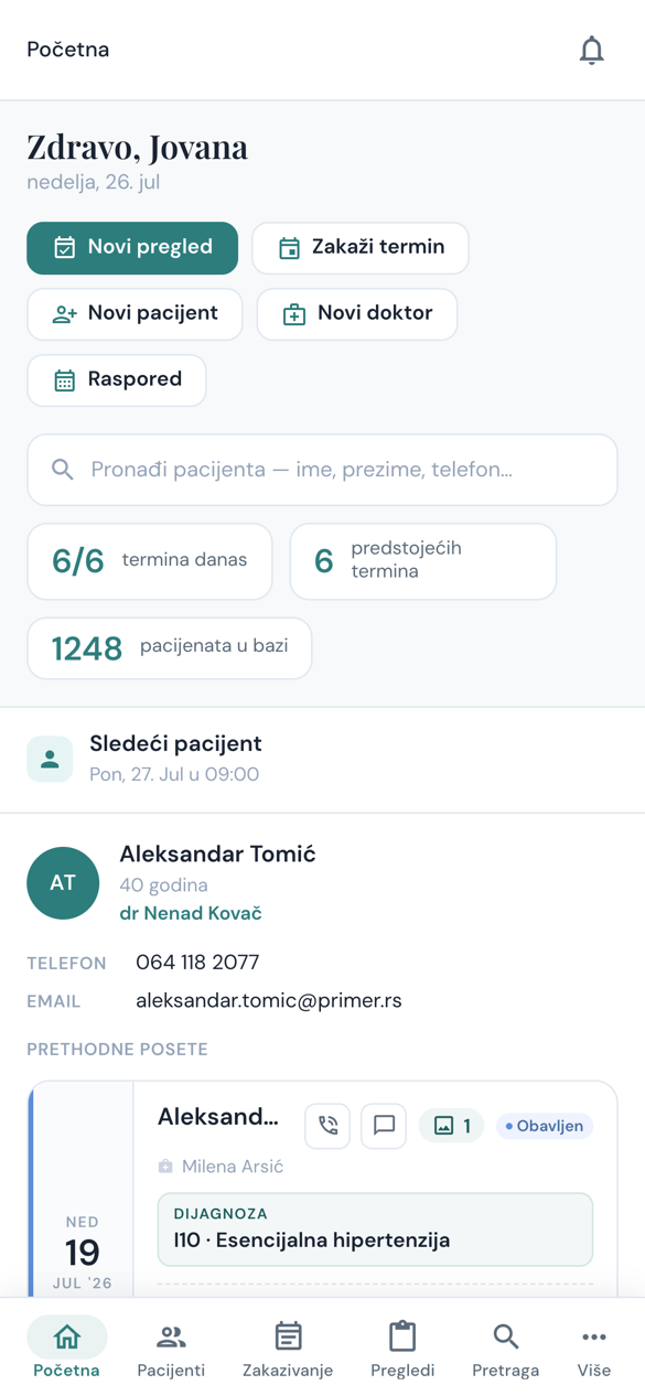 Početni ekran na telefonu: pozdrav, brze akcije i sledeći pacijent