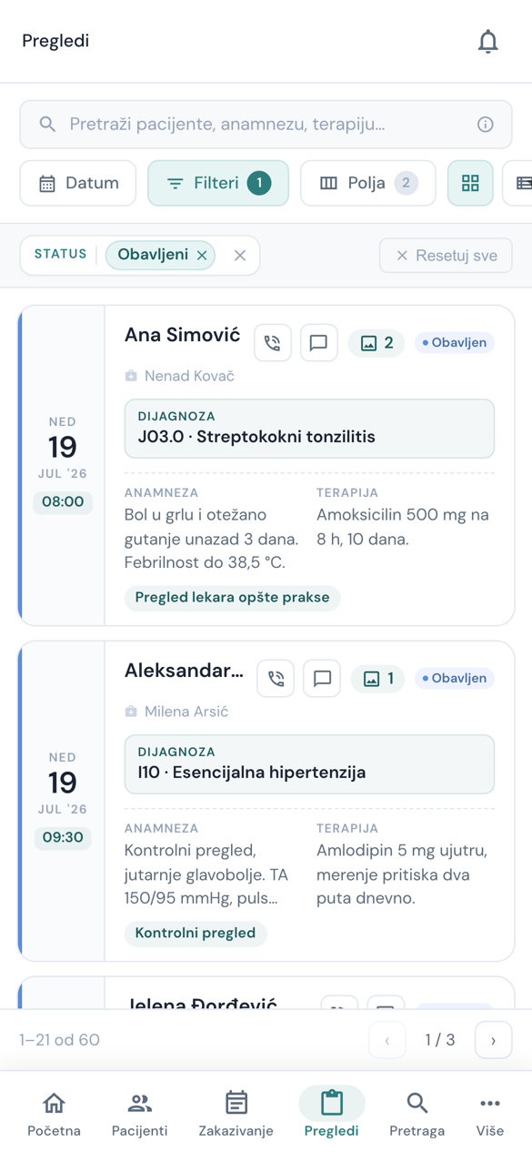 Lista pregleda na telefonu sa dijagnozama i terapijom